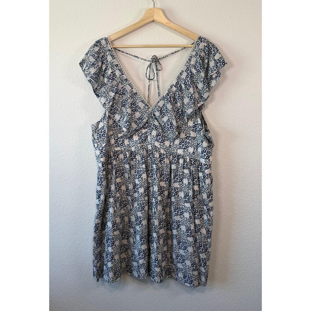 Anthropologie V-Neck Plunge Tunic Mini Dress Blue Motif Ruffle Boho XL - Picture 3 of 9